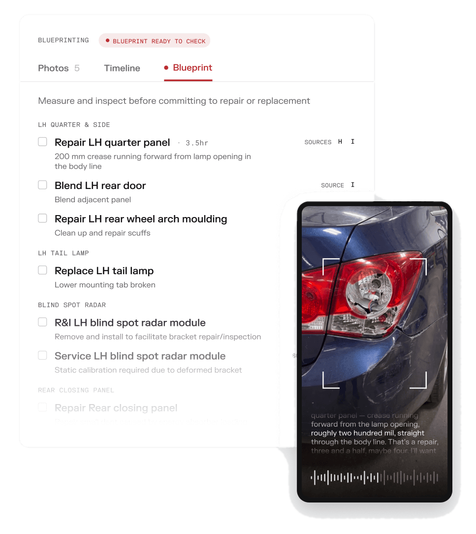 Blueprint checklist panel with a phone capturing a voice note at the bay